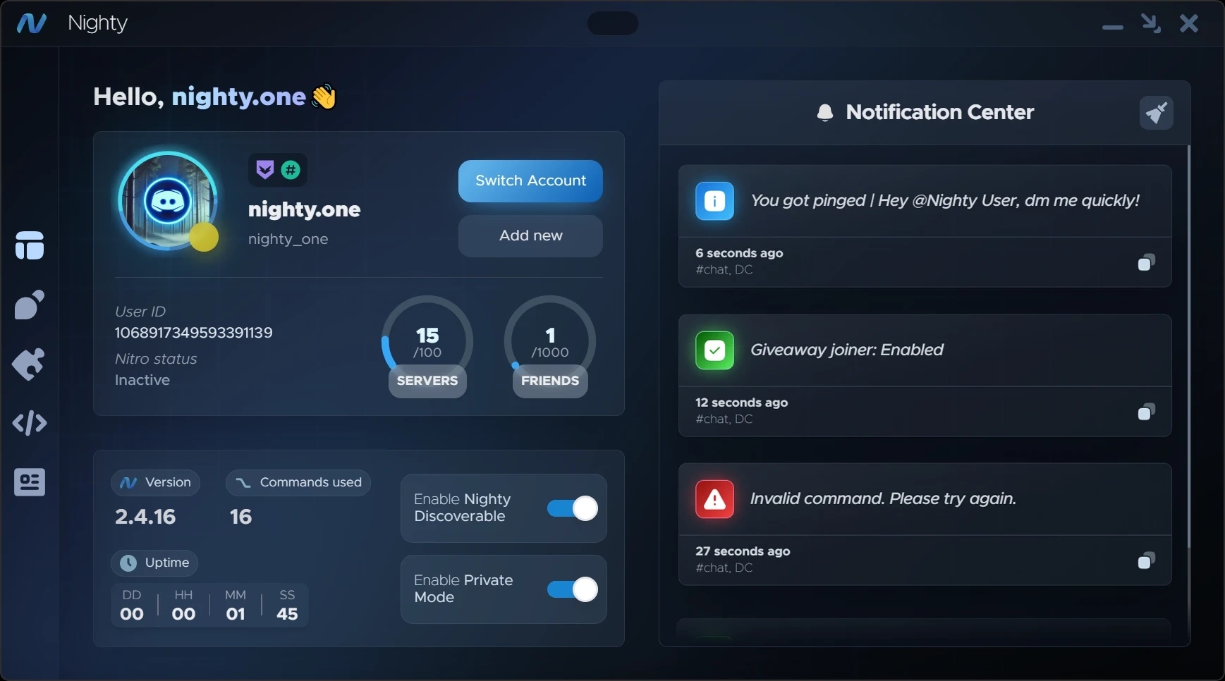 Screenshot of the selected tab in Nighty User Interface